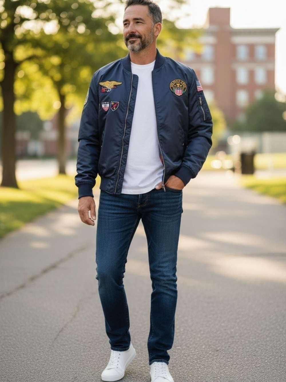 Reason Navy Bomber Jacket with Embroidered Patches